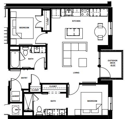 Floor plan for 2 beds, 2 baths, 942 sqft